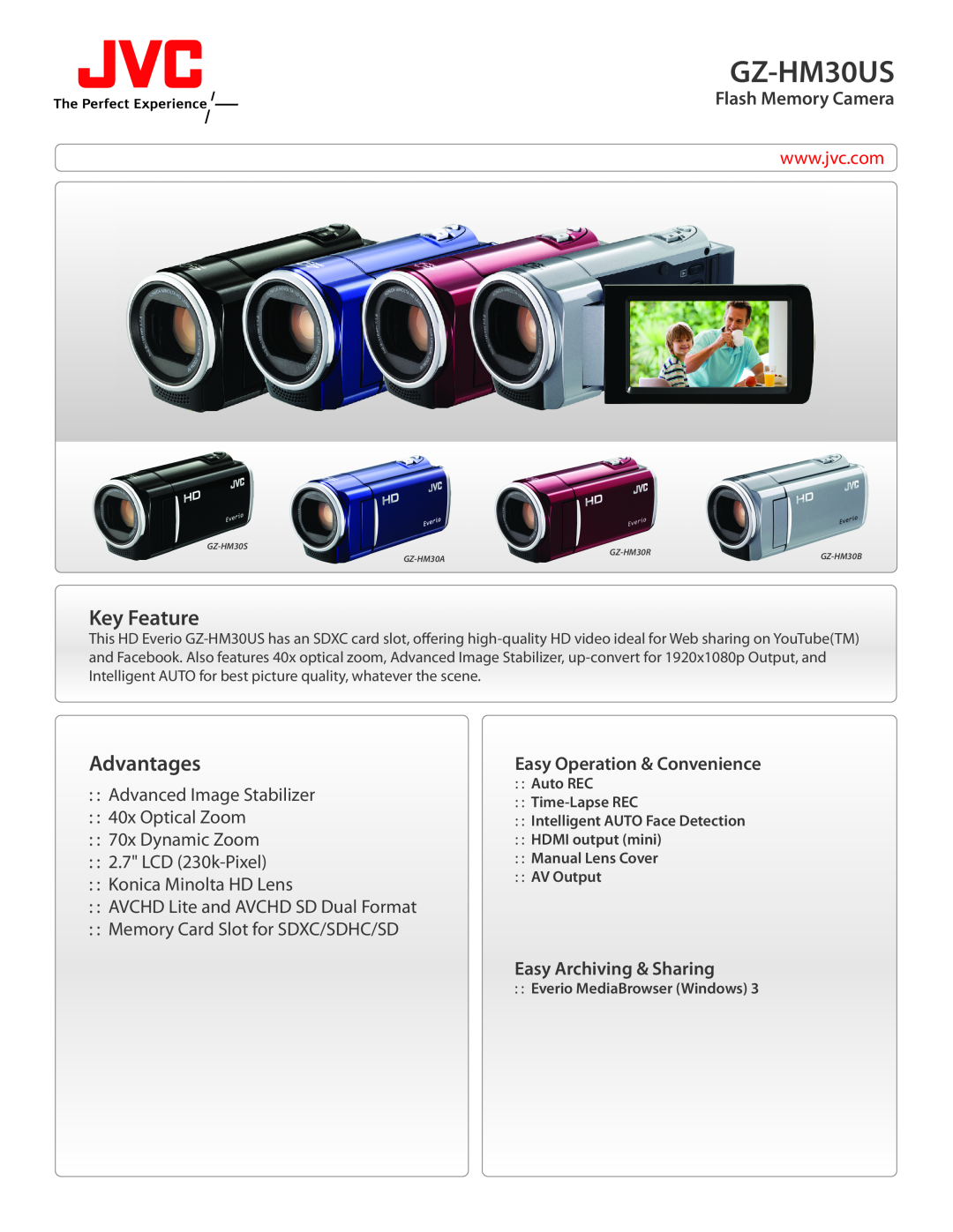 JVC flash memory camera manual GZ-HM30US, Key Feature, Advantages, Flash Memory Camera, Easy Operation & Convenience 