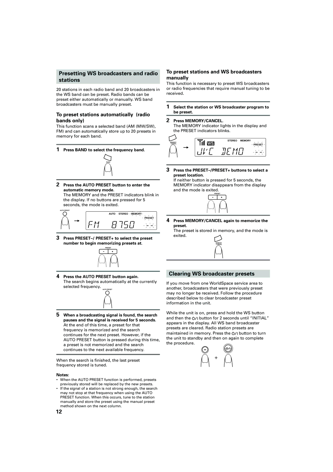 JVC FR-DS100 manual Presetting WS broadcasters and radio stations, Clearing WS broadcaster presets 