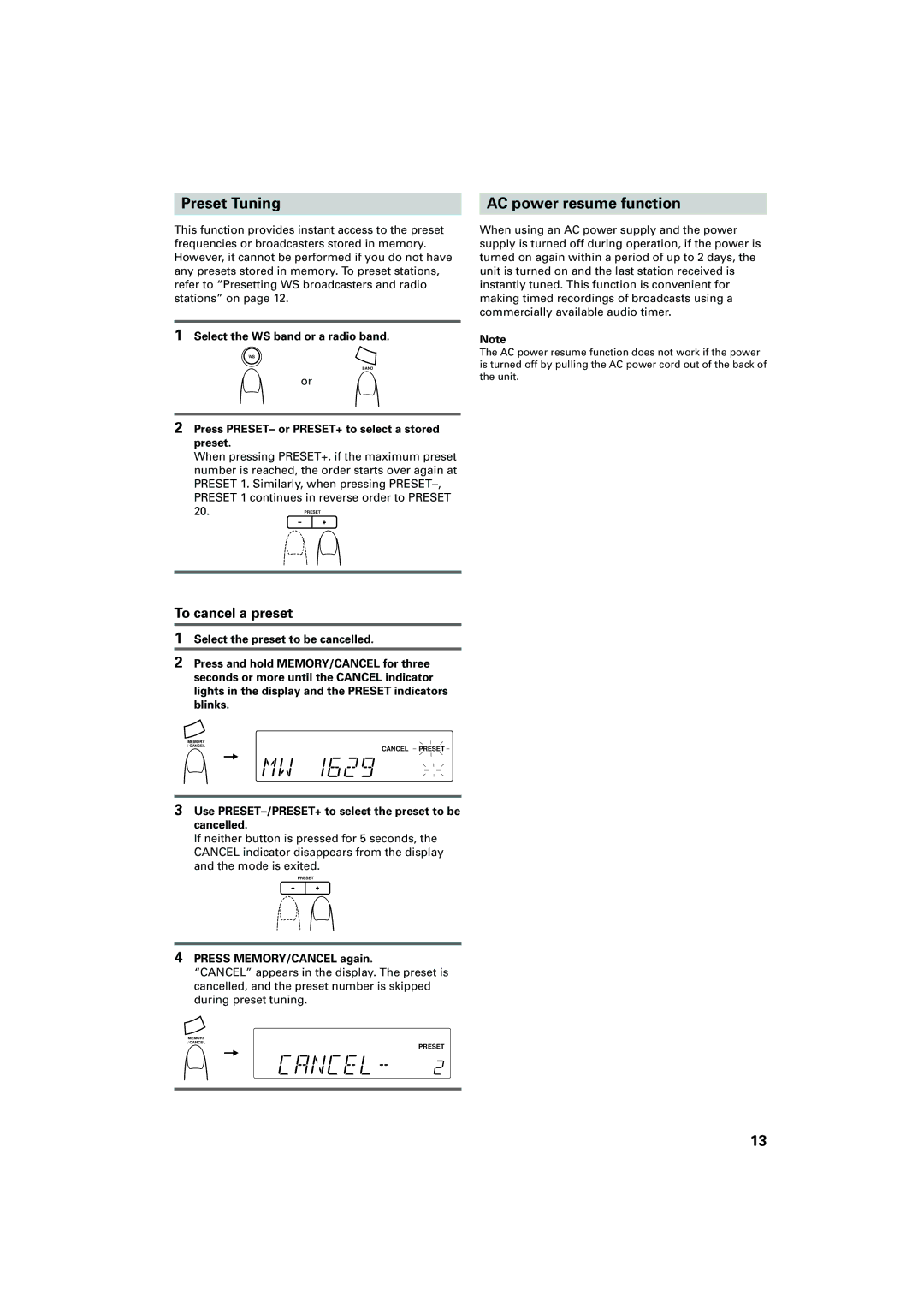 JVC FR-DS100 manual Preset Tuning AC power resume function, To cancel a preset 