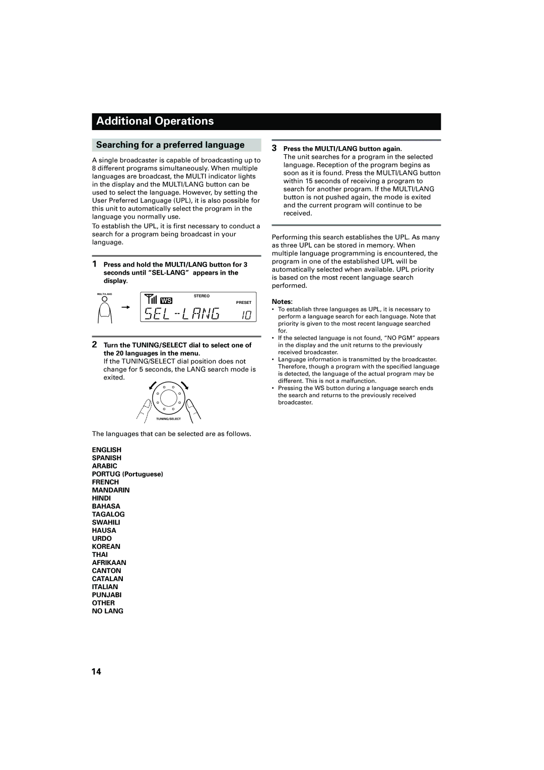 JVC FR-DS100 manual Additional Operations, Searching for a preferred language, Portug Portuguese 