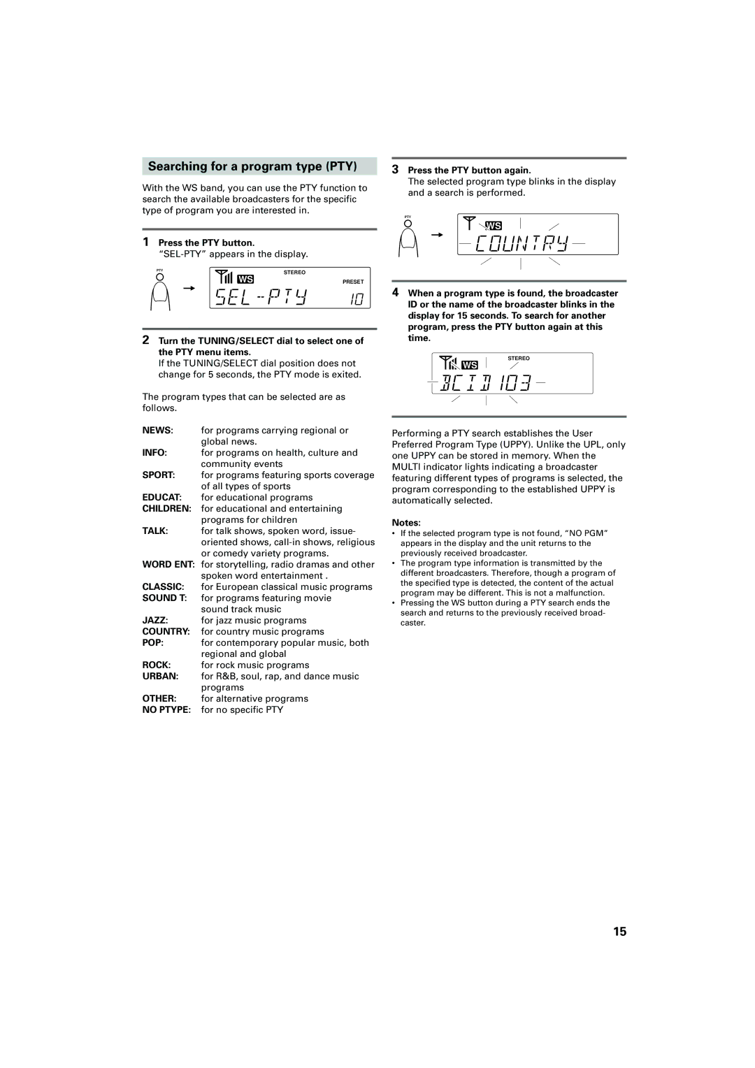 JVC FR-DS100 manual Searching for a program type PTY, Press the PTY button again 