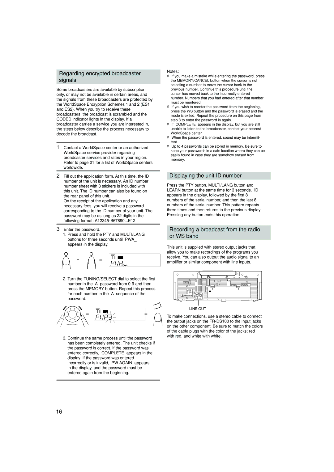 JVC FR-DS100 manual Regarding encrypted broadcaster signals, Displaying the unit ID number, Enter the password 