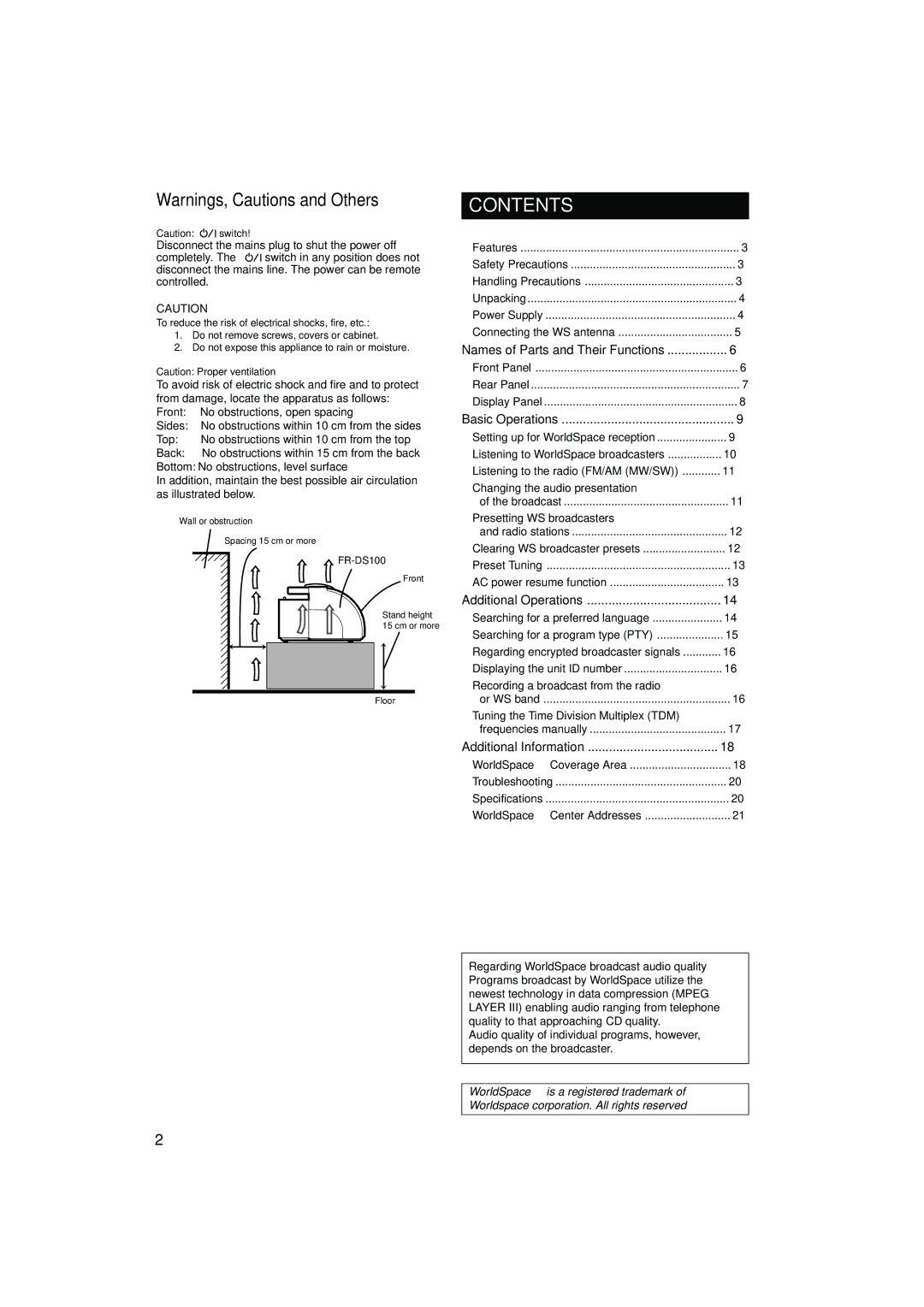 JVC FR-DS100 manual Contents 