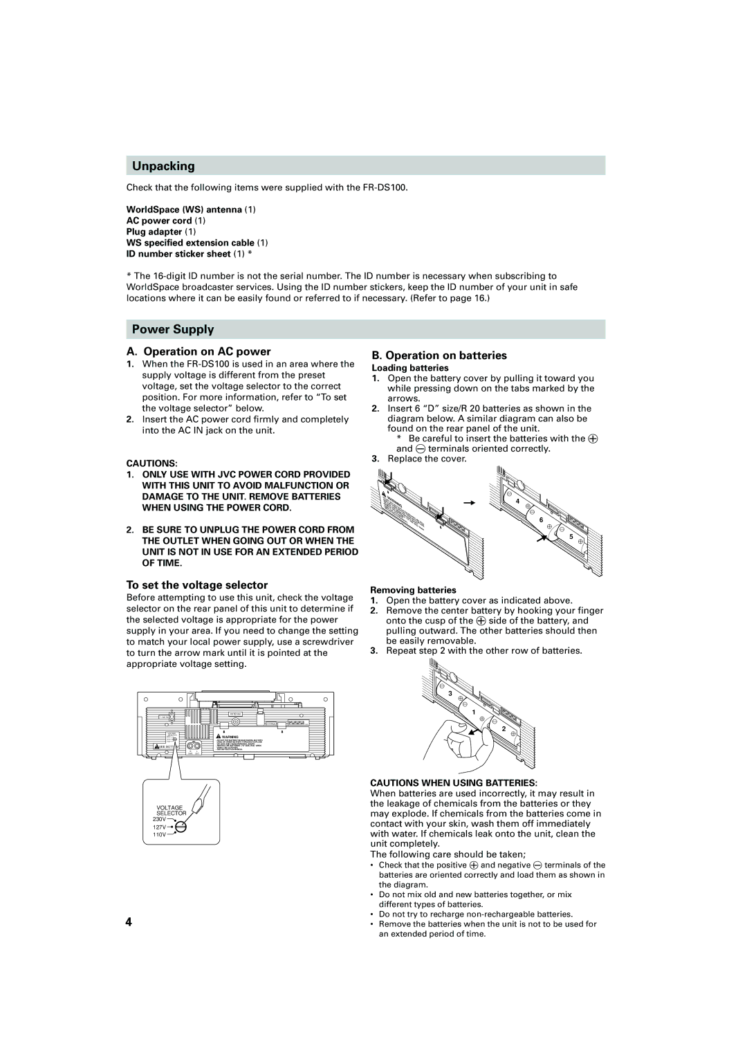 JVC FR-DS100 manual Unpacking, Power Supply, Operation on AC power, Operation on batteries, To set the voltage selector 