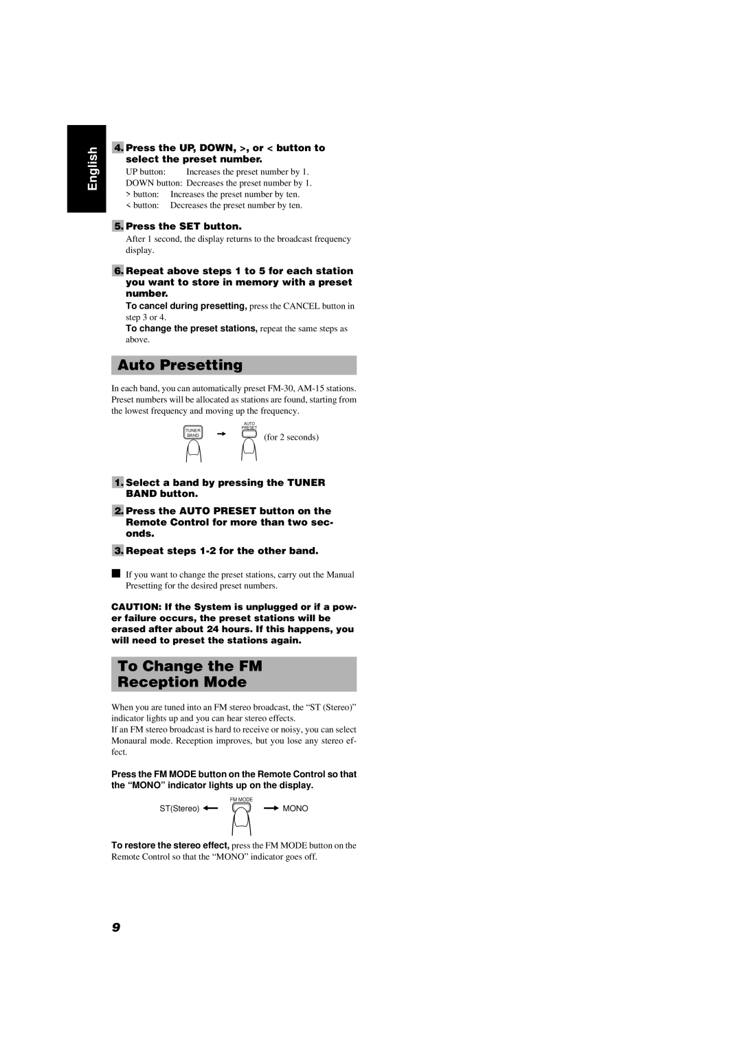 JVC FS-6000 Auto Presetting, To Change the FM Reception Mode, Press the UP, DOWN, , or button to select the preset number 