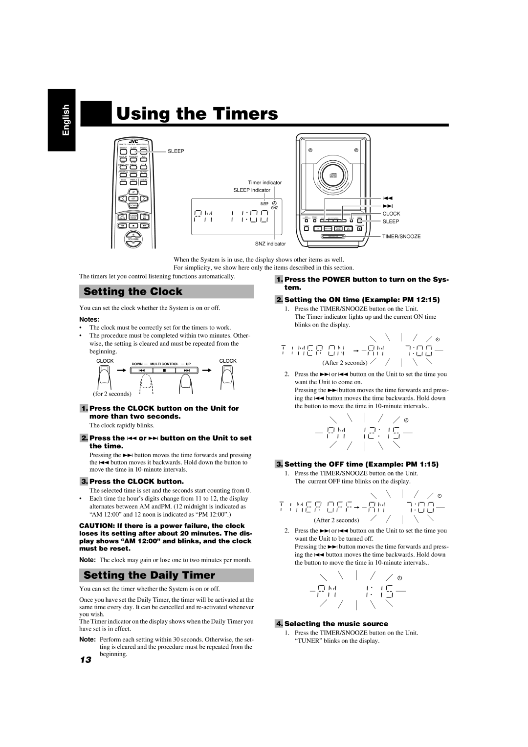 JVC FS-6000, FS-5000 manual Using the Timers, Setting the Clock, Setting the Daily Timer, Press the Clock button 