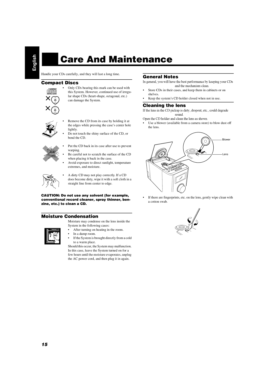 JVC FS-6000, FS-5000 manual Care And Maintenance, Compact Discs, General Notes, Cleaning the lens, Moisture Condensation 