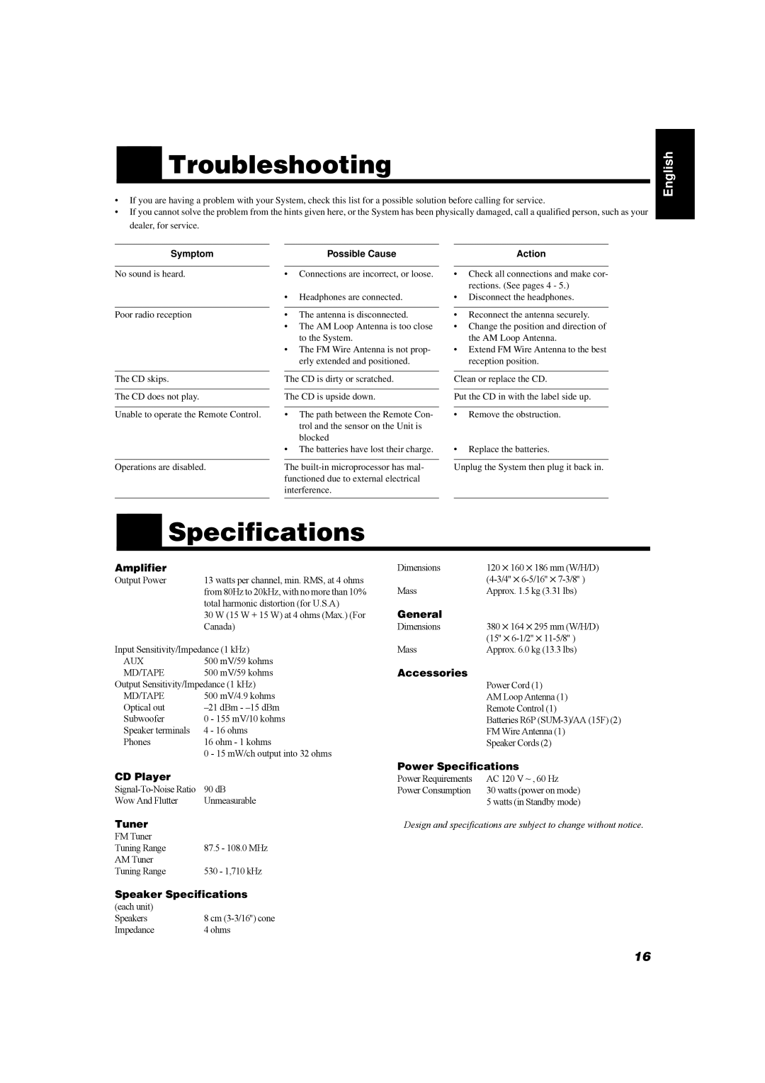 JVC FS-5000, FS-6000 manual Troubleshooting, Specifications 