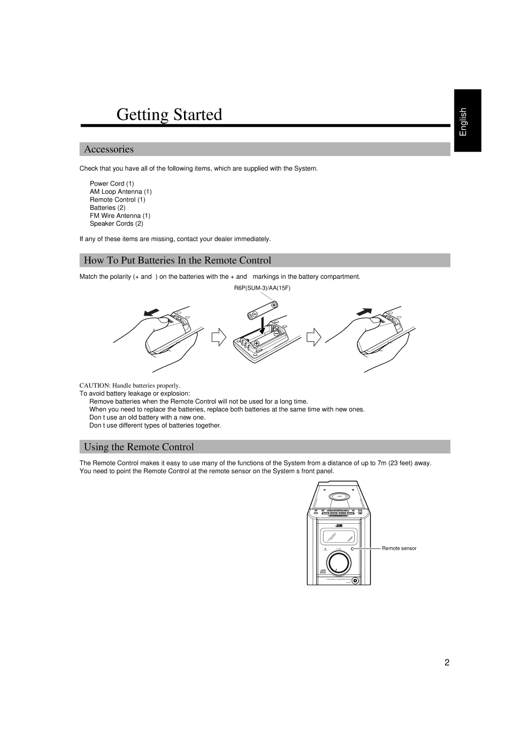 JVC FS-5000, FS-6000 Getting Started, Accessories, How To Put Batteries In the Remote Control, Using the Remote Control 