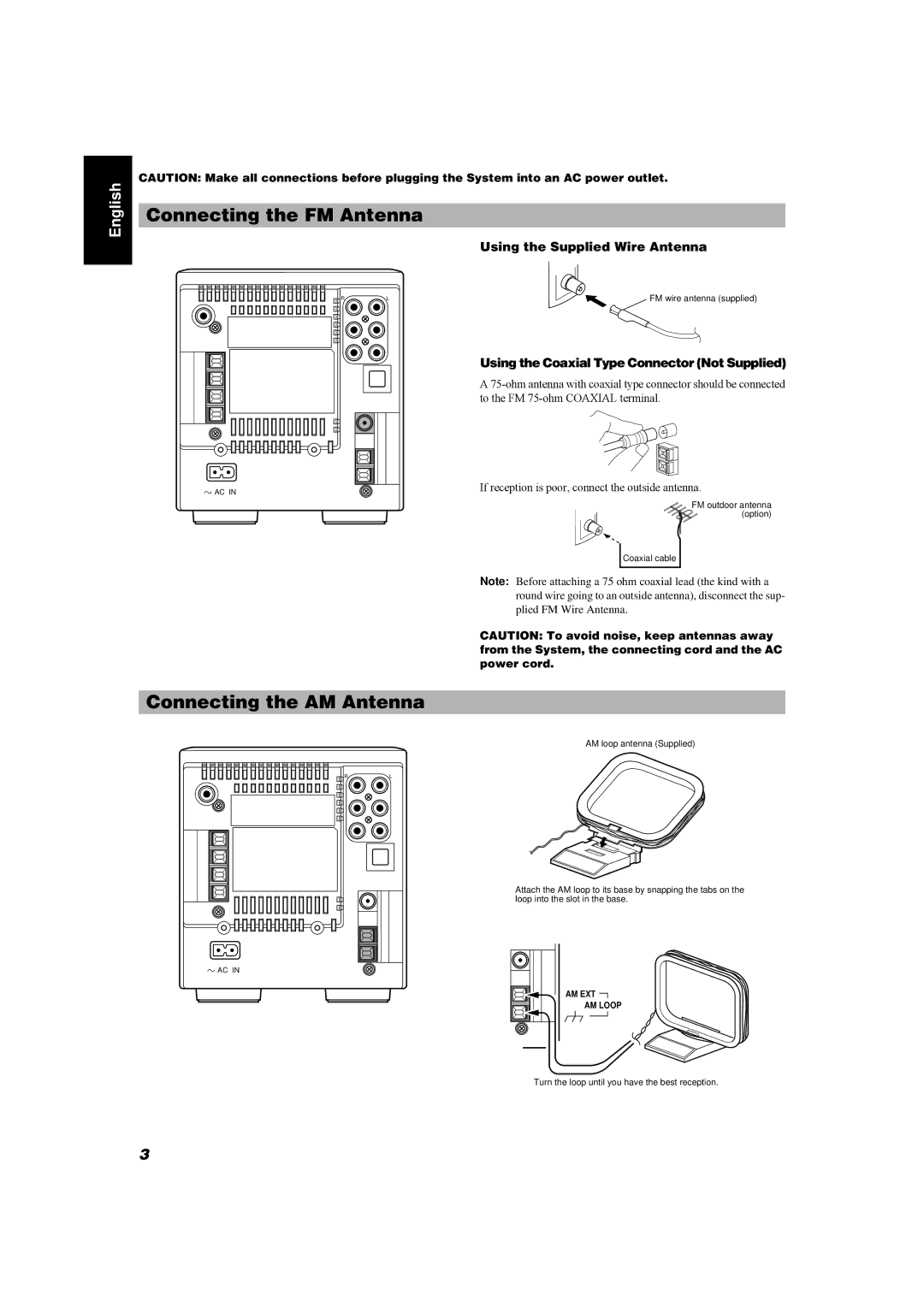 JVC FS-6000, FS-5000 manual Connecting the FM Antenna, Connecting the AM Antenna, Using the Supplied Wire Antenna 