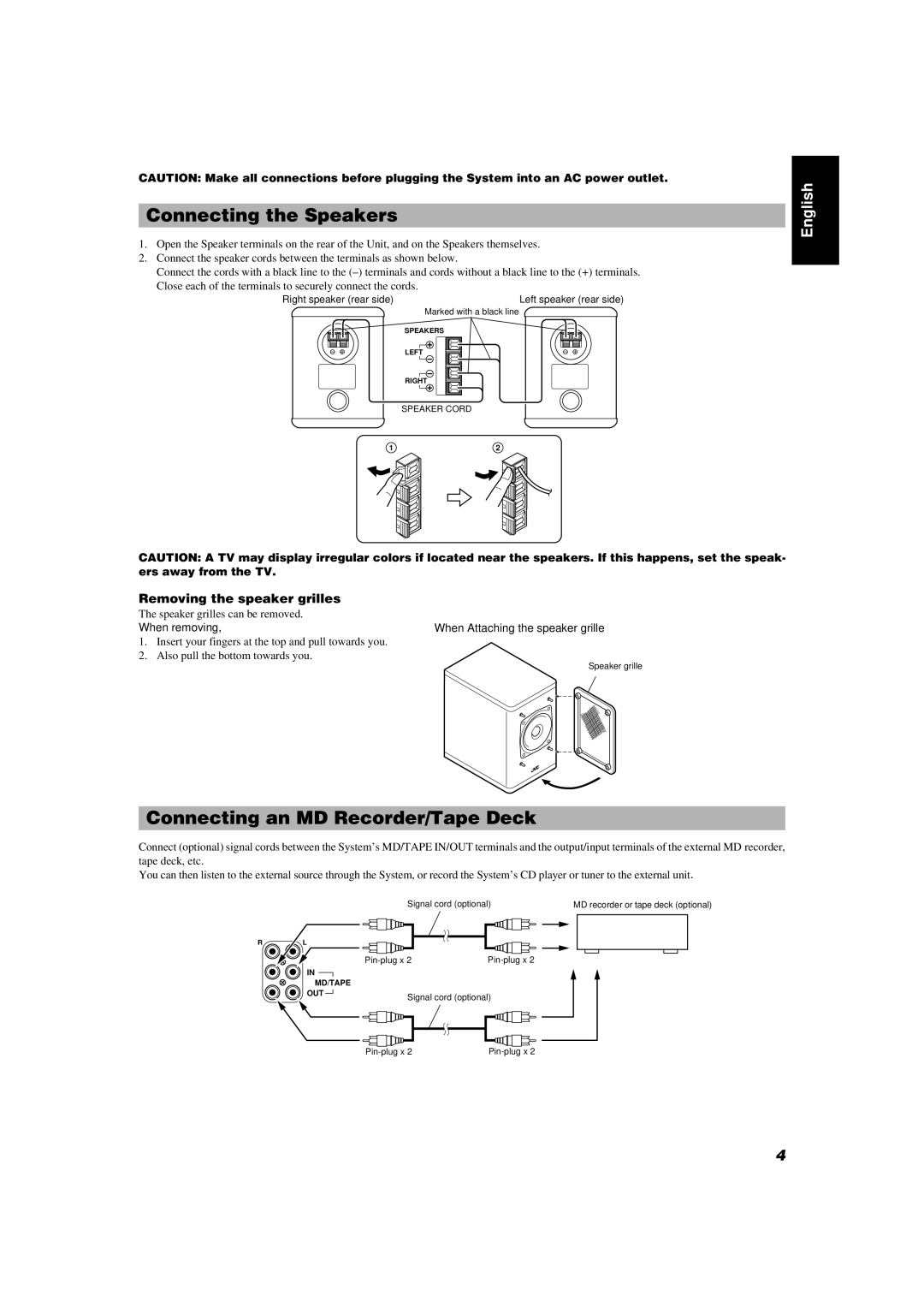 JVC FS-5000 manual Connecting the Speakers, Connecting an MD Recorder/Tape Deck, Removing the speaker grilles, Speaker Cord 