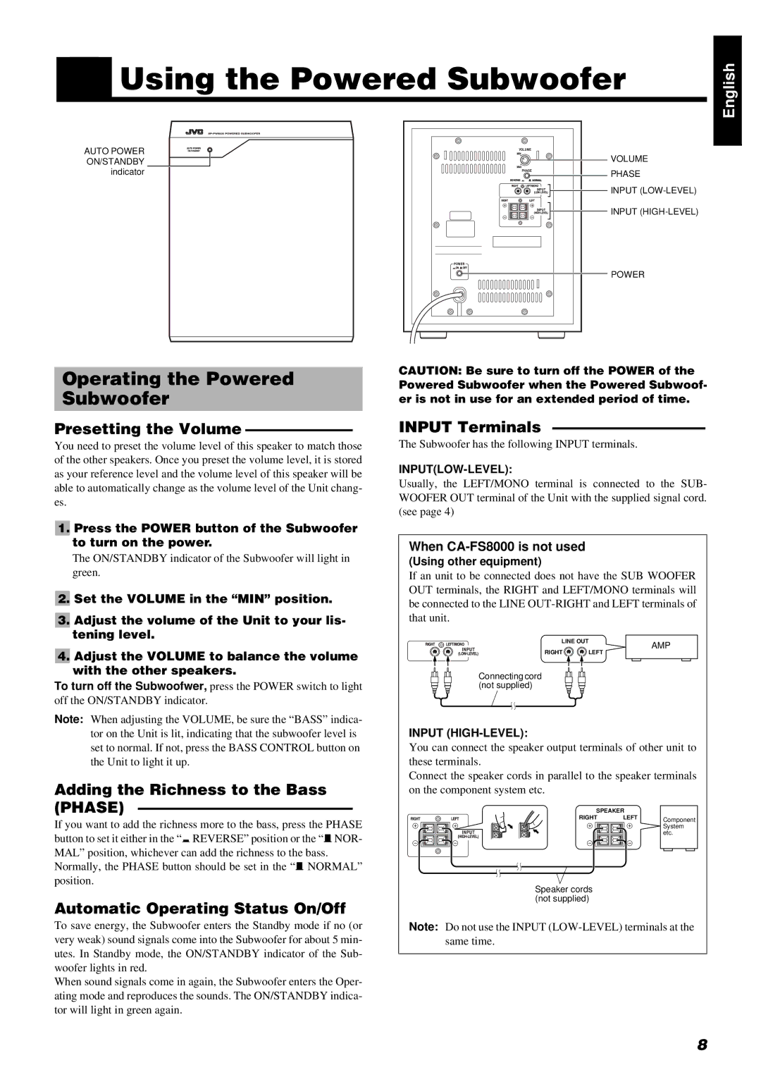 JVC FS-8000 manual Using the Powered Subwoofer, Operating the Powered Subwoofer, Presetting the Volume 