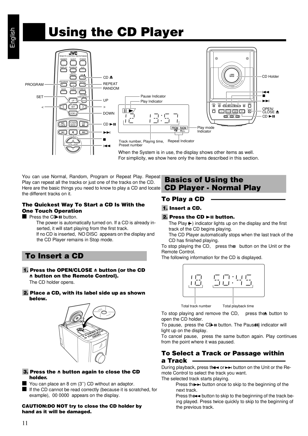 JVC FS-8000 manual Using the CD Player, To Insert a CD, Basics of Using CD Player Normal Play, To Play a CD 