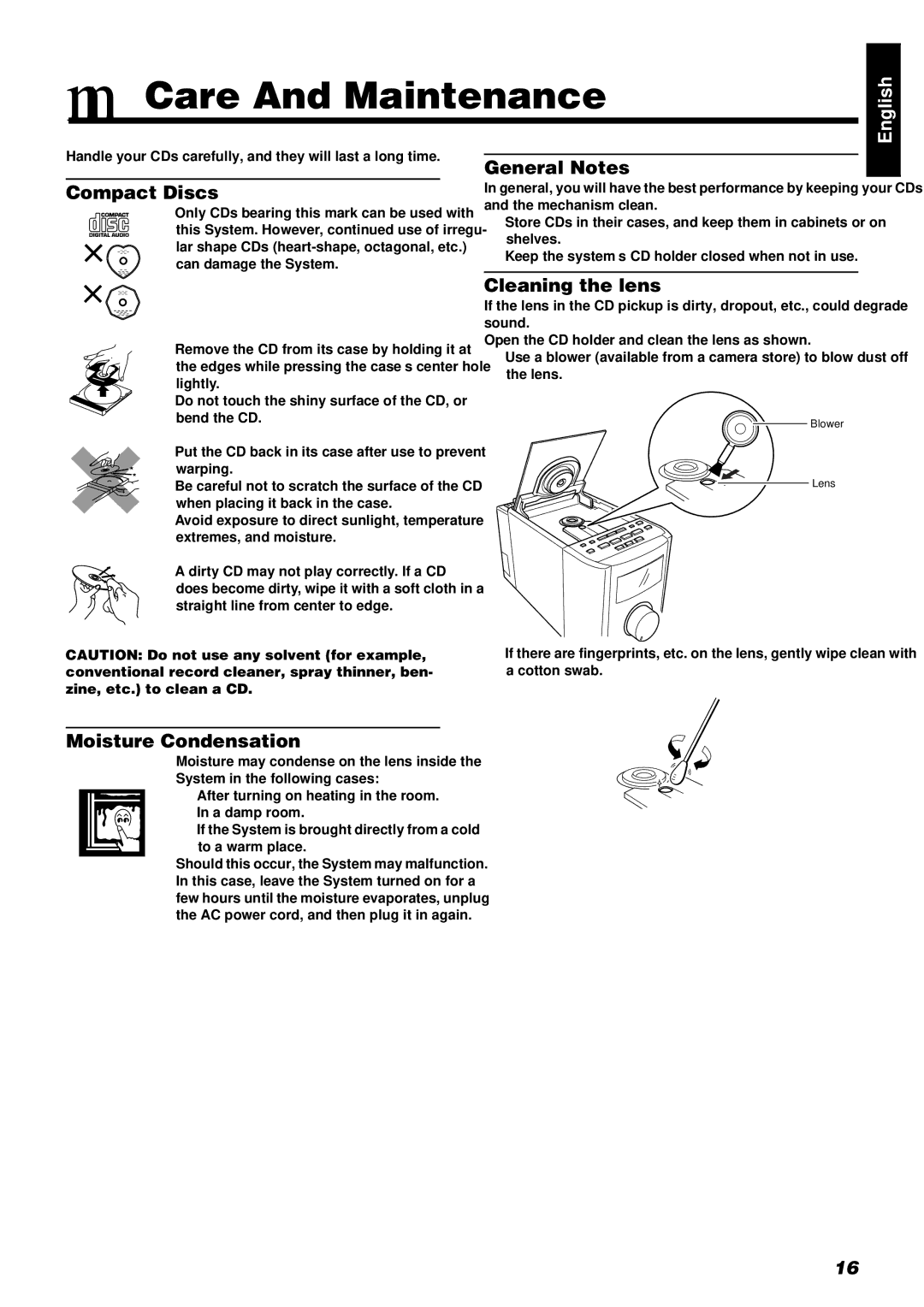 JVC FS-8000 manual Care And Maintenance, Compact Discs, General Notes, Cleaning the lens, Moisture Condensation 
