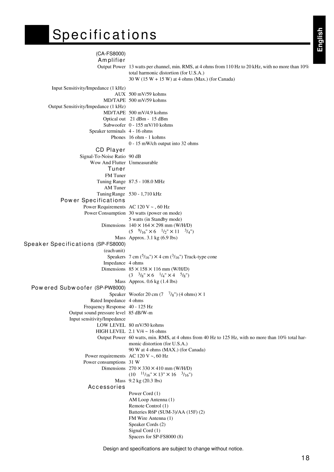 JVC FS-8000 manual Specifications 