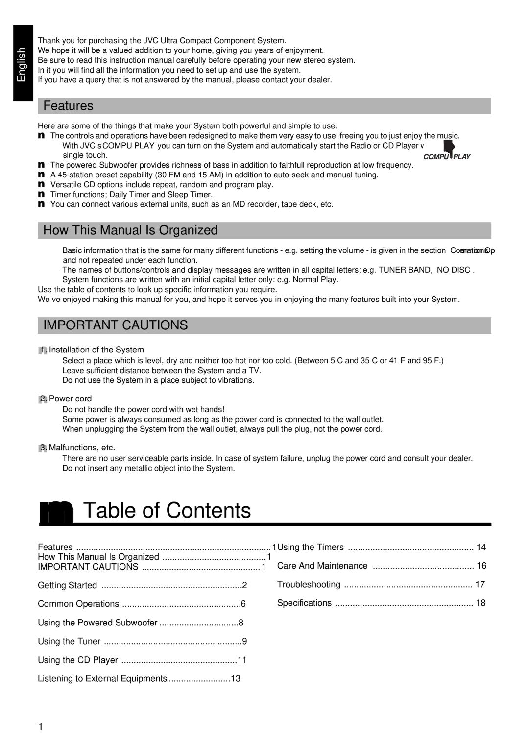 JVC FS-8000 manual Table of Contents 