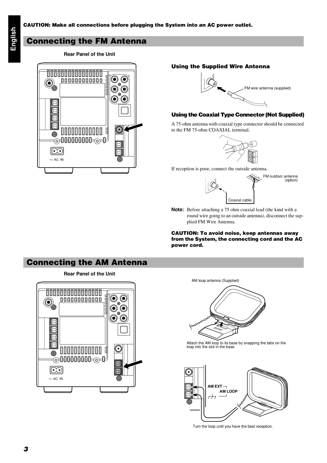 JVC FS-8000 Connecting the FM Antenna, Connecting the AM Antenna, Using the Supplied Wire Antenna, Rear Panel of the Unit 