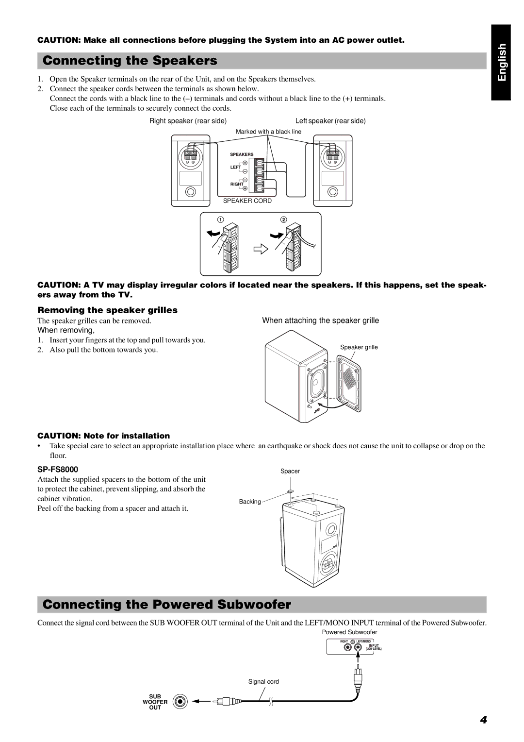 JVC FS-8000 Connecting the Speakers, Connecting the Powered Subwoofer, Removing the speaker grilles, Ers away from the TV 