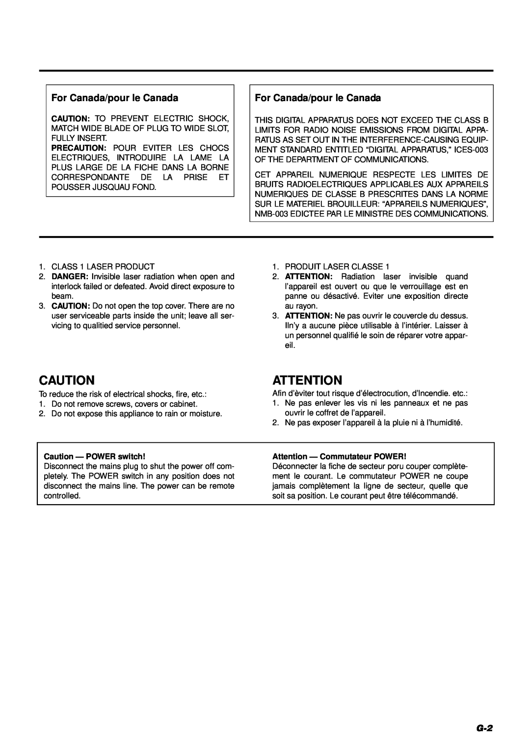 JVC FS-8000 manual Caution - POWER switch, Attention - Commutateur POWER, For Canada/pour le Canada 