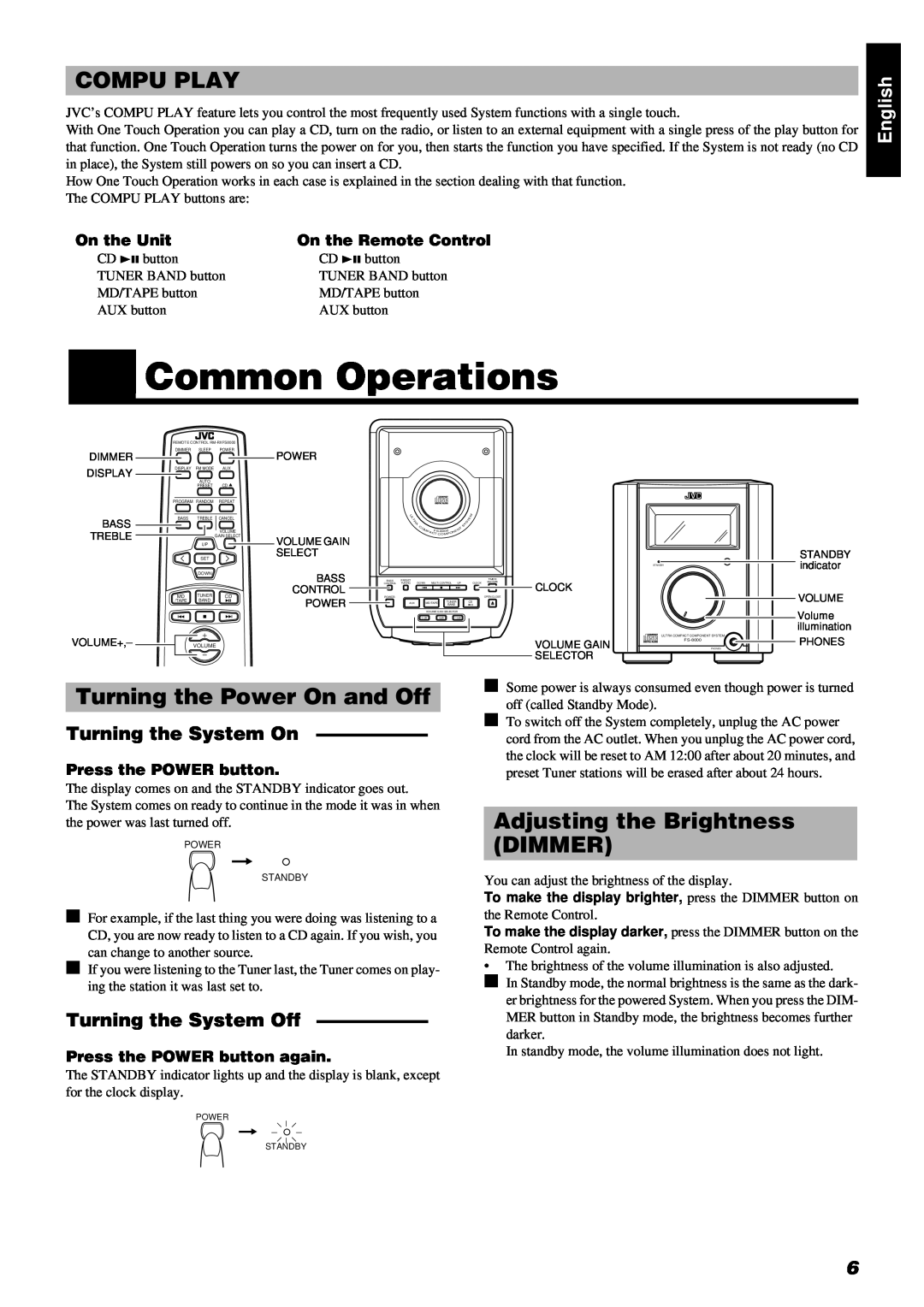 JVC FS-8000 Common Operations, Compu Play, Turning the Power On and Off, Adjusting the Brightness DIMMER, On the Unit 