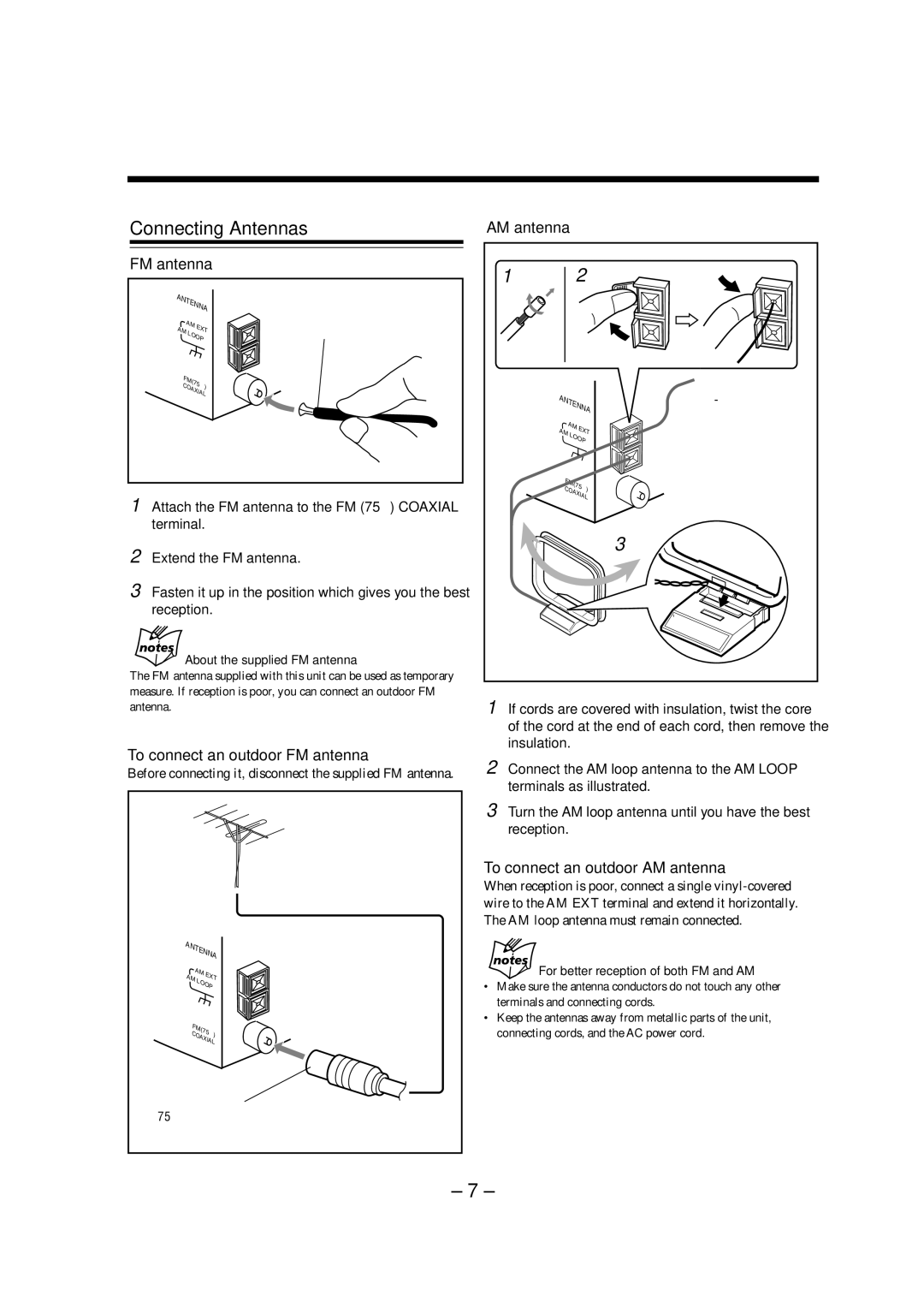 JVC FS-A52 manual To connect an outdoor FM antenna, To connect an outdoor AM antenna 