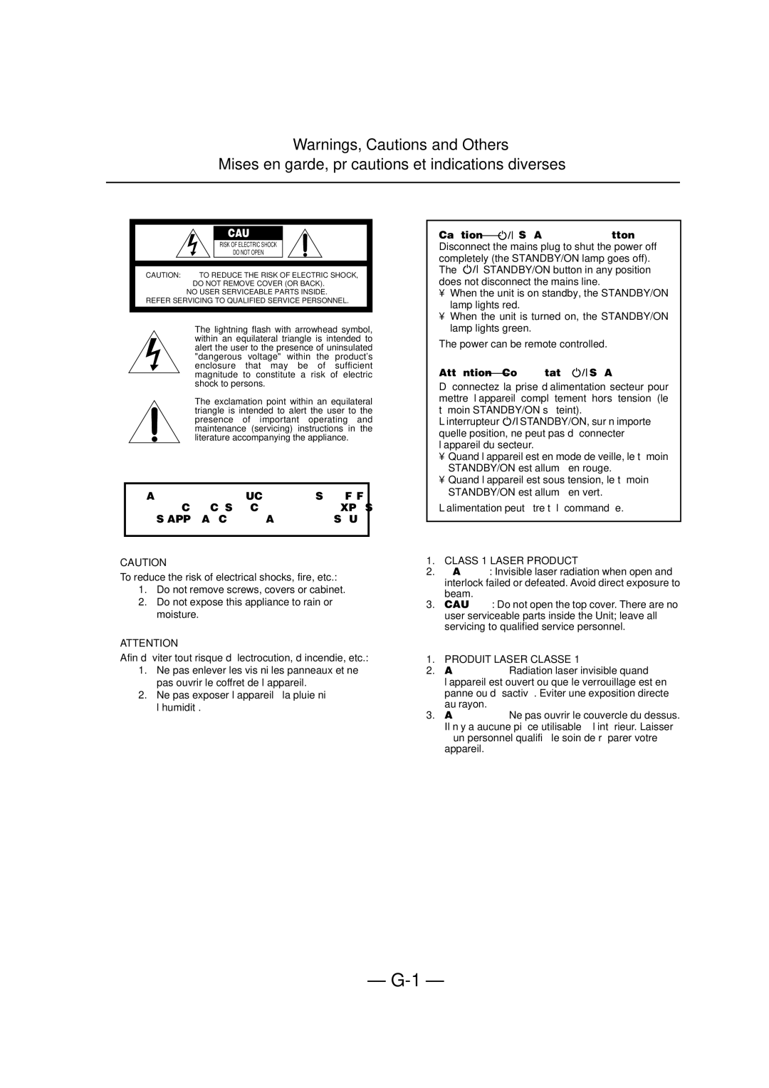 JVC FS-A52 manual Mises en garde, précautions et indications diverses, Class 1 Laser Product Produit Laser Classe 