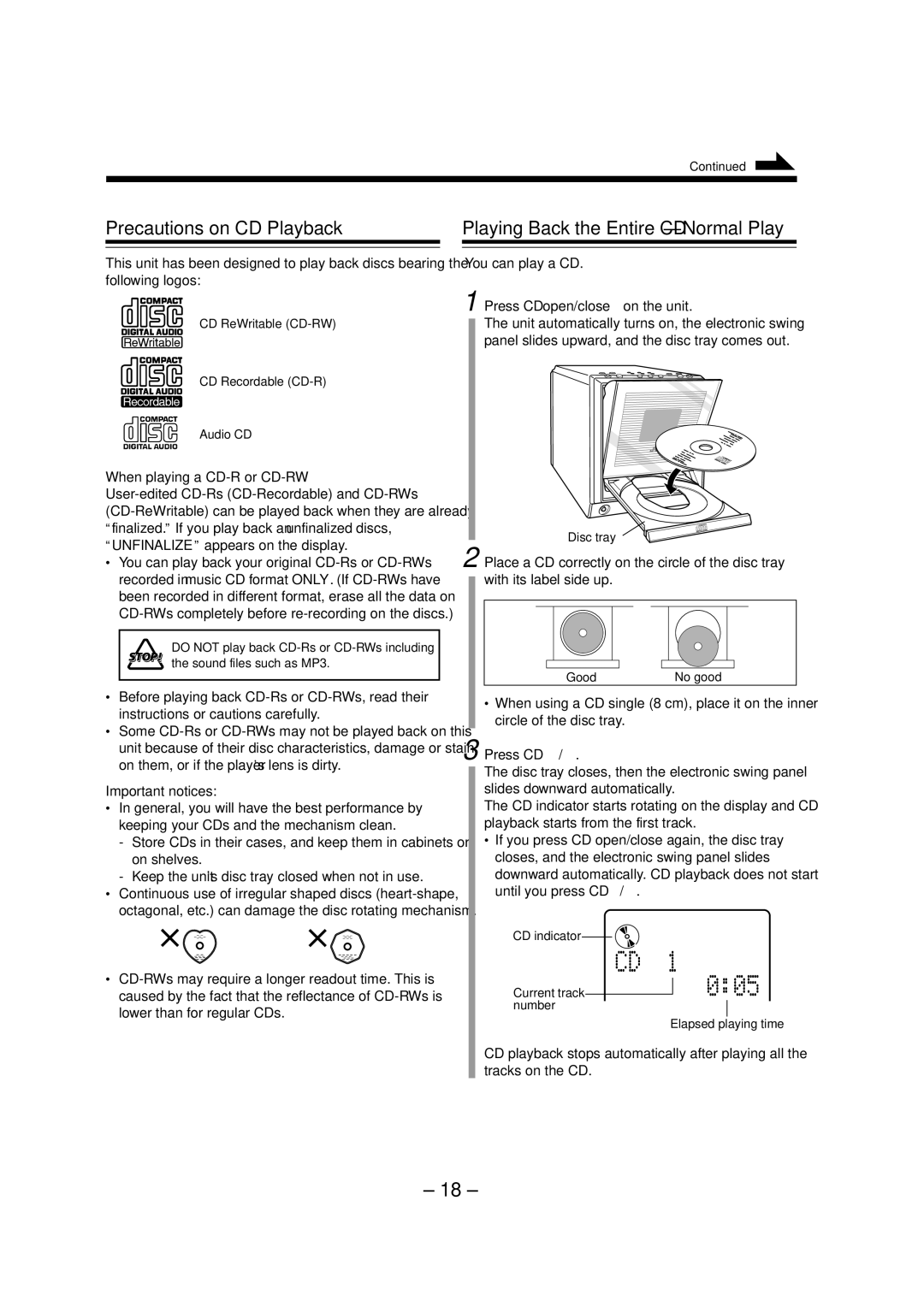 JVC FS-A52 manual Precautions on CD Playback, Playing Back the Entire CD-Normal Play 