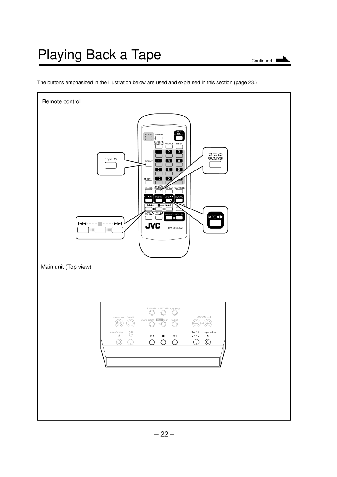 JVC FS-A52 manual Playing Back a Tape, Display 