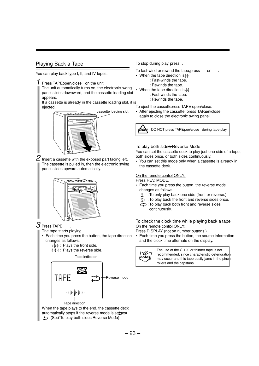 JVC FS-A52 manual Playing Back a Tape, To play both sides-Reverse Mode, To check the clock time while playing back a tape 