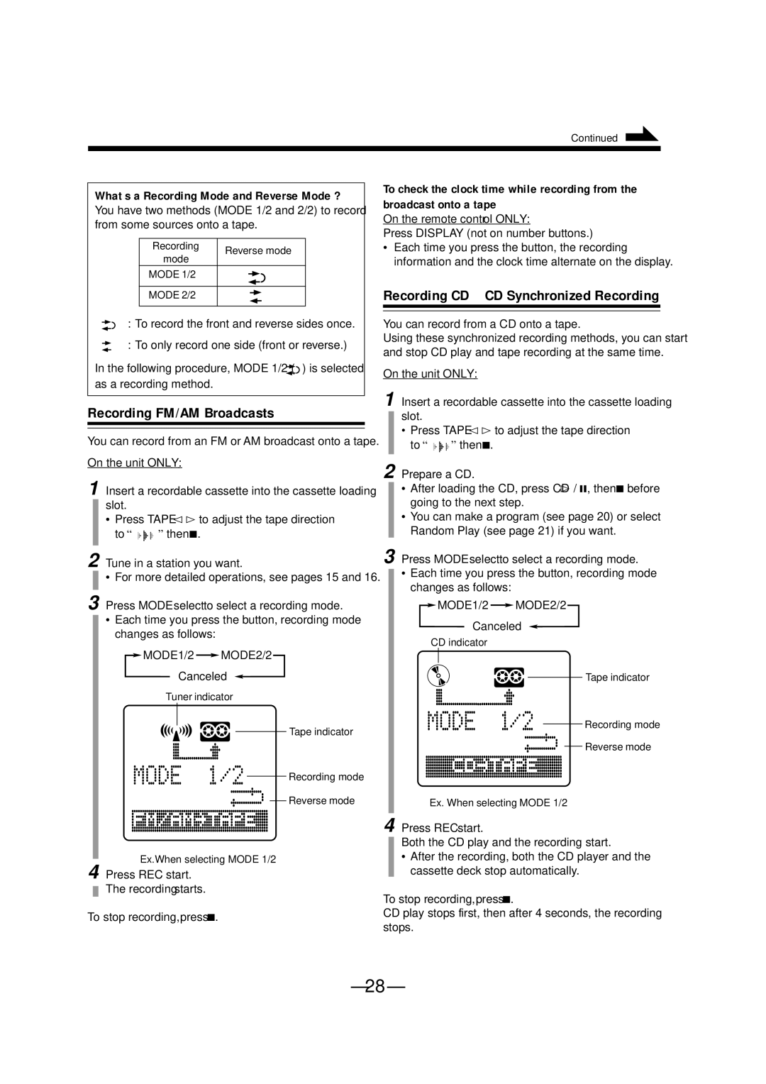 JVC FS-A52 Recording FM/AM Broadcasts, Recording CD-CD Synchronized Recording, What’s a Recording Mode and Reverse Mode ? 