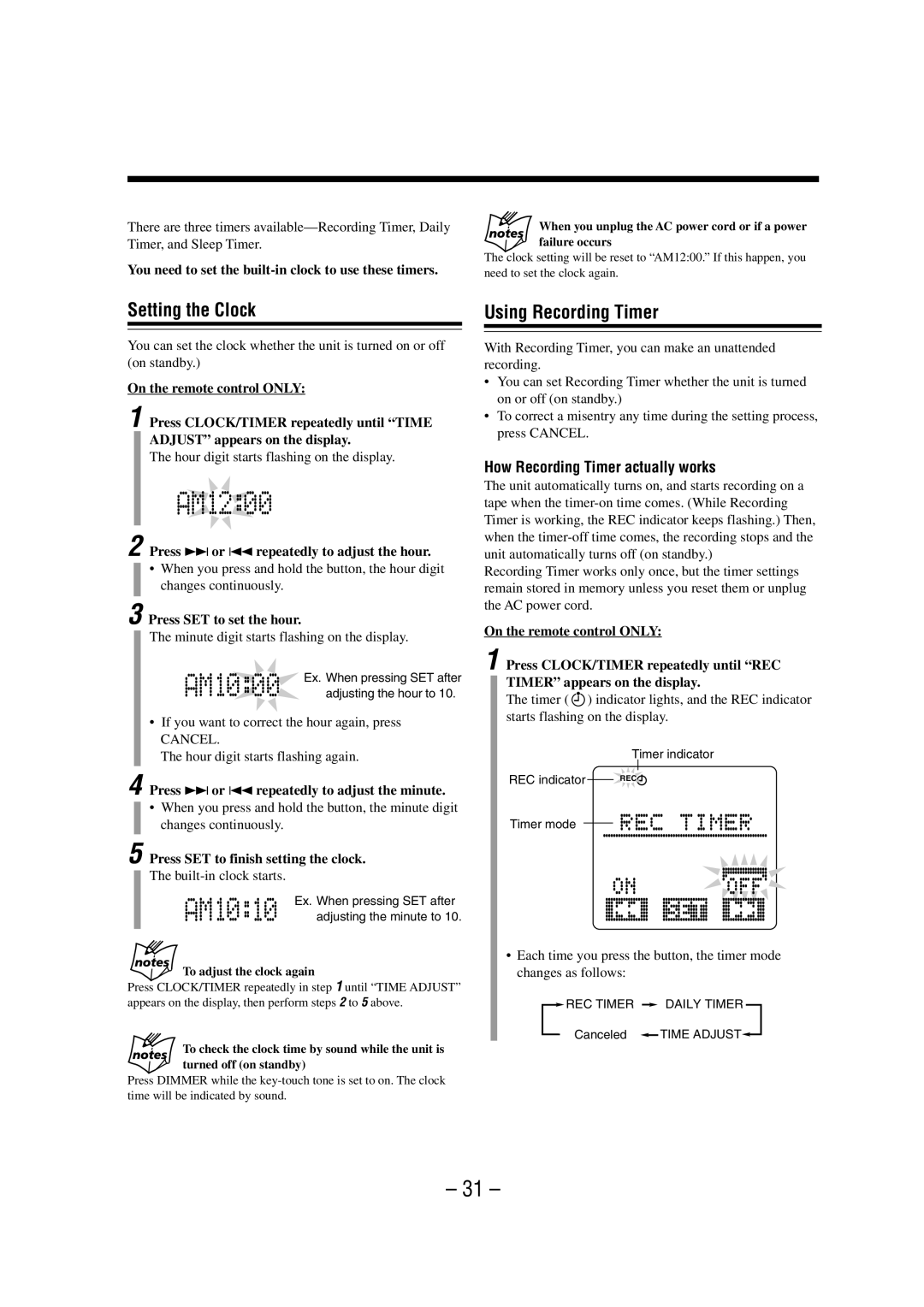 JVC FS-A52 manual Setting the Clock, Using Recording Timer, How Recording Timer actually works 