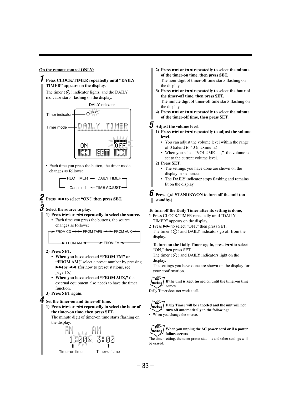 JVC FS-A52 manual Press ¢ or 4 repeatedly to select the minute, Timer-on time, then press SET, Display 