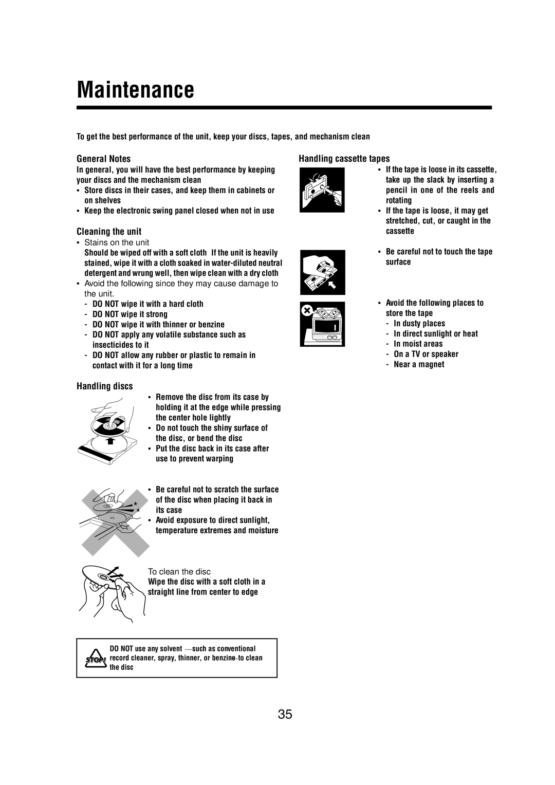 JVC FS-A52 manual Maintenance, General Notes, Cleaning the unit, Handling discs, Handling cassette tapes 