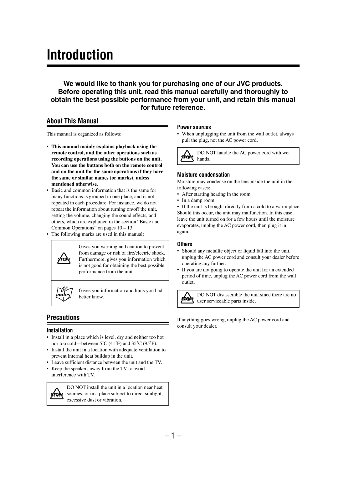 JVC FS-A52 manual Introduction, Precautions 