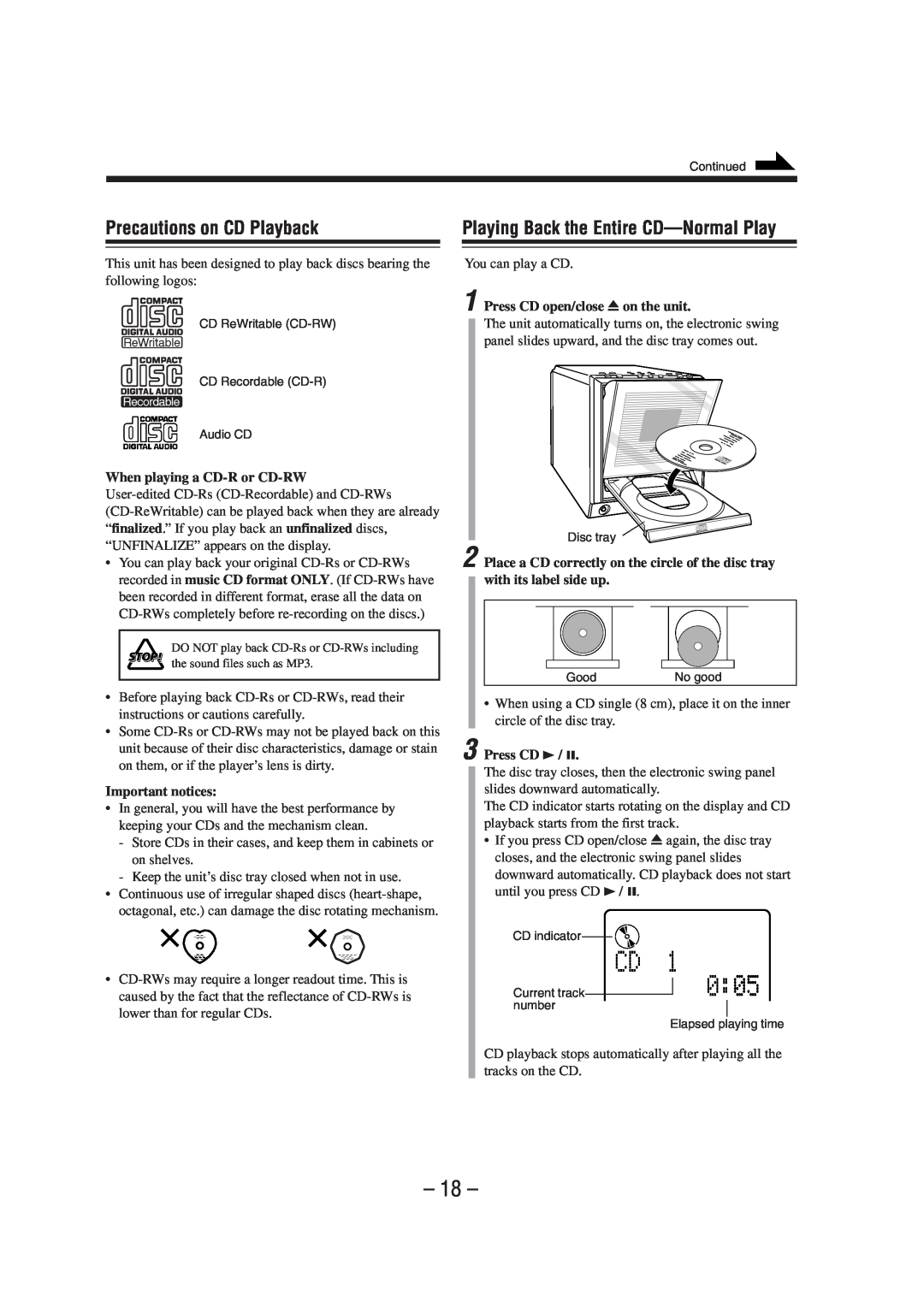 JVC FS-A52 manual Precautions on CD Playback, Playing Back the Entire CD-NormalPlay 