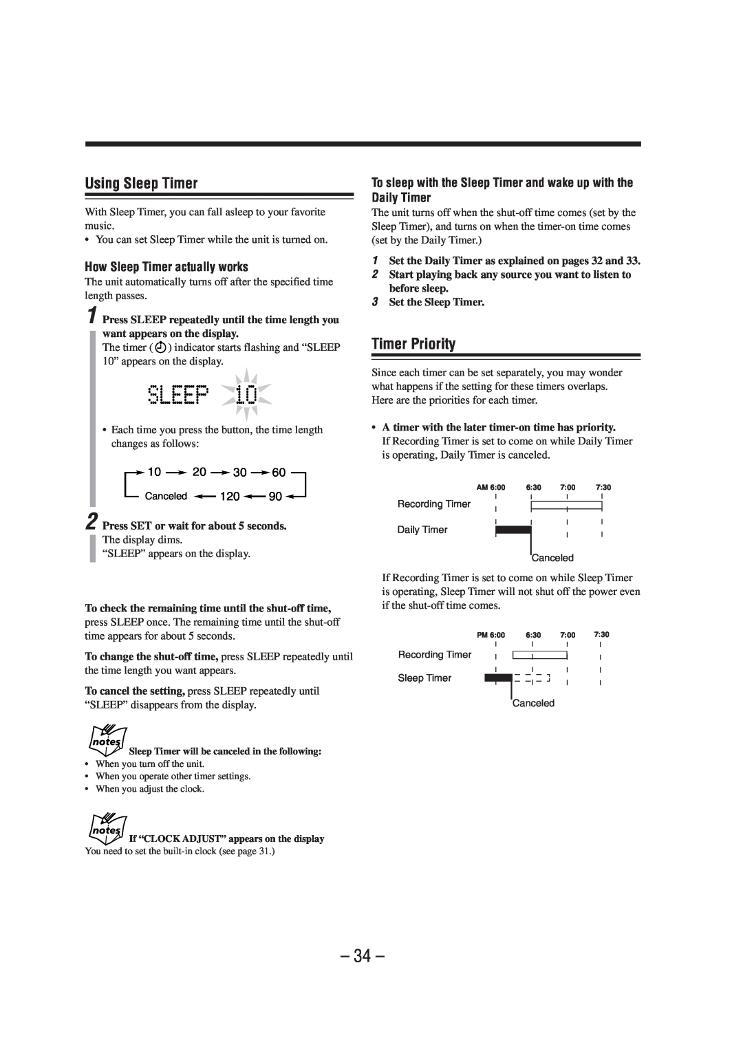 JVC FS-A52 manual Using Sleep Timer, Timer Priority, How Sleep Timer actually works 