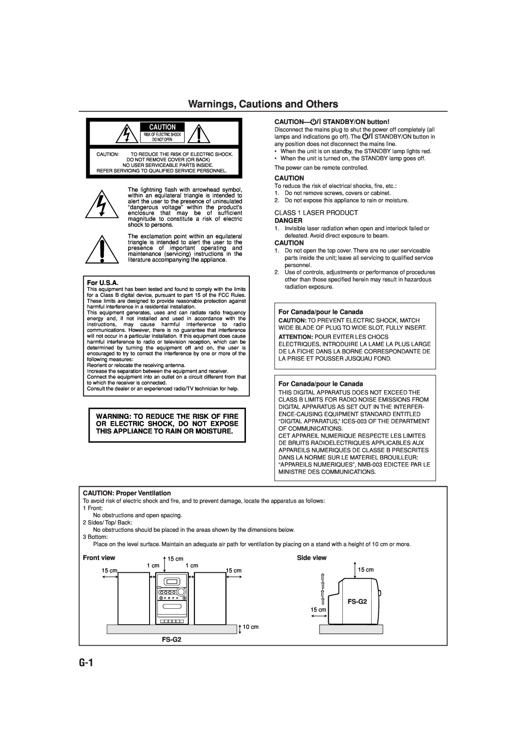 JVC FS-G2 manual Warnings, Cautions and Others, For U.S.A, CAUTION-STANDBY/ON button, Danger, For Canada/pour le Canada 