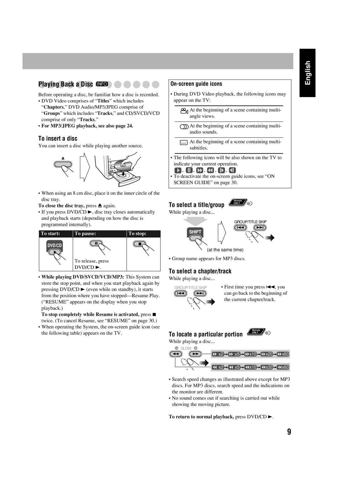 JVC FS-GD6S manual Playing Back a Disc Info, To insert a disc, To select a chapter/track, On-screen guide icons 