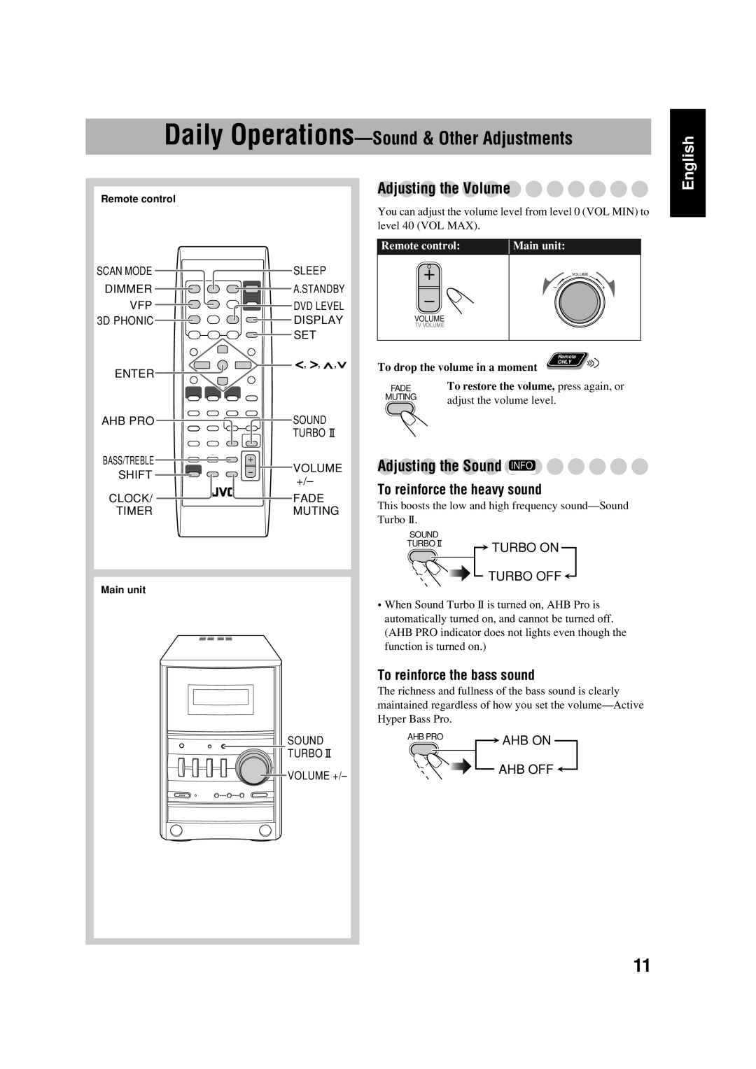 JVC FS-GD6S Adjusting the Volume, Adjusting the Sound Info, To reinforce the heavy sound, To reinforce the bass sound 