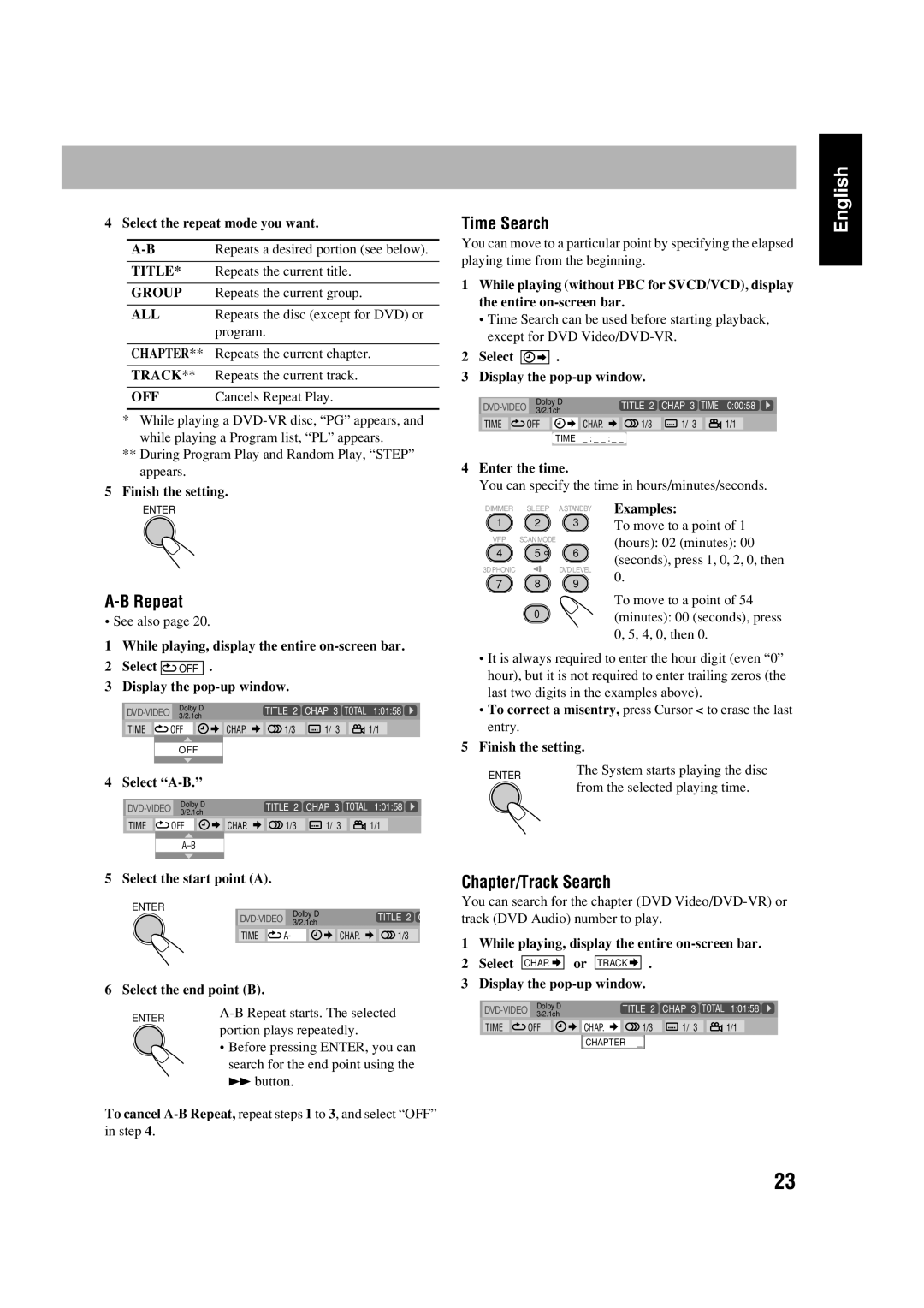 JVC FS-GD6S manual Time Search, Chapter/Track Search 