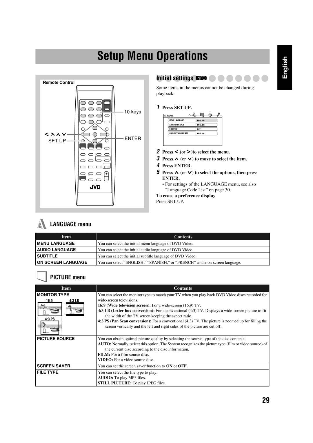 JVC FS-GD6S manual Setup Menu Operations, Initial settings Info, Language menu, Picture menu, Contents 