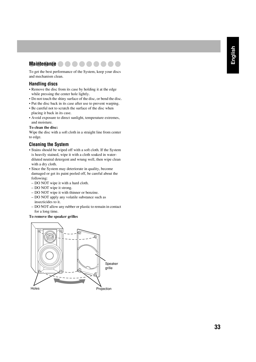 JVC FS-GD6S manual Maintenance, Handling discs, Cleaning the System, To clean the disc, To remove the speaker grilles 