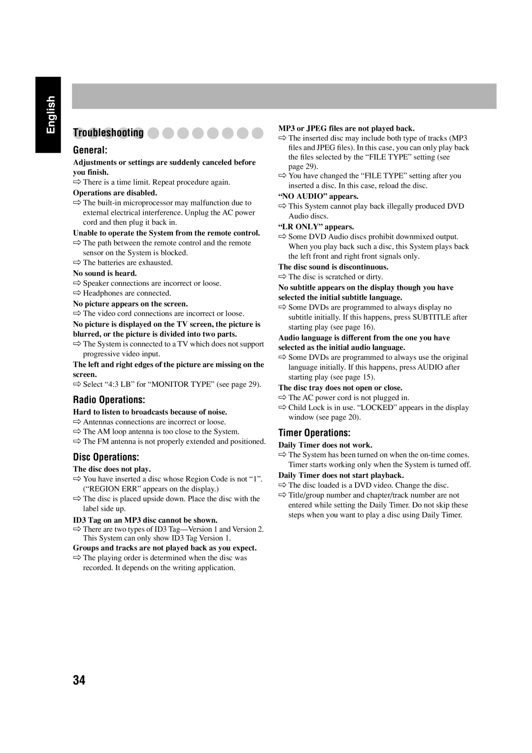 JVC FS-GD6S manual Troubleshooting, General, Radio Operations, Disc Operations, Timer Operations 