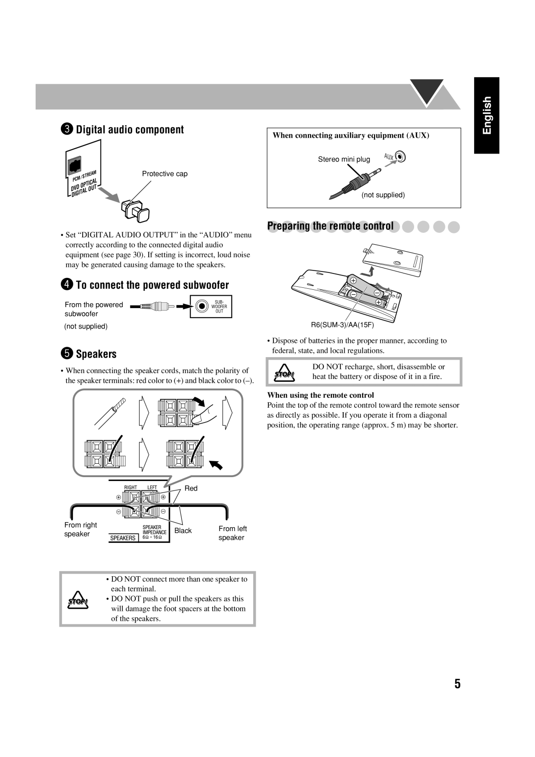 JVC FS-GD6S manual Digital audio component, ⁄ To connect the powered subwoofer, @ Speakers, Preparing the remote control 