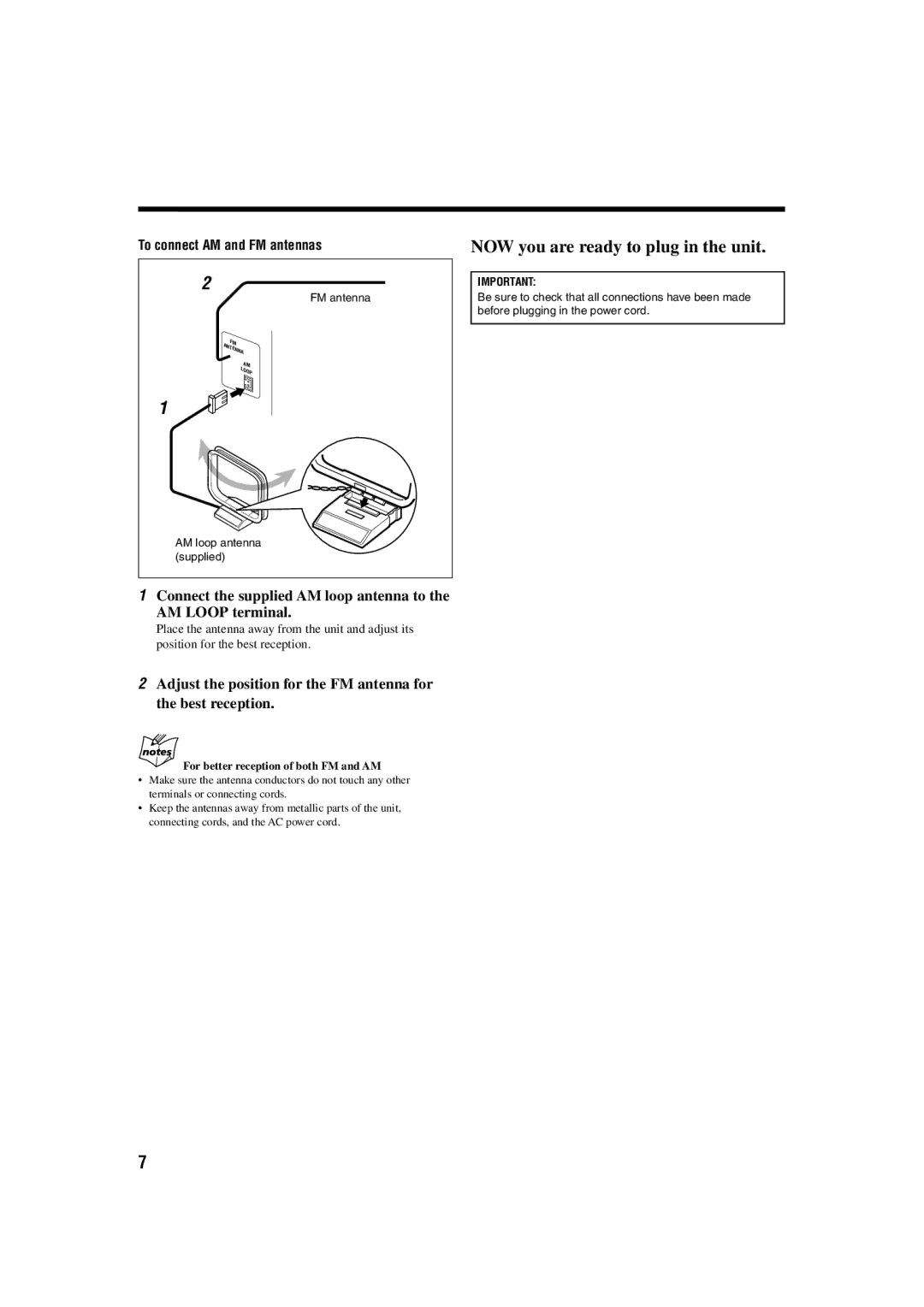 JVC FS-H10 manual Connect the supplied AM loop antenna to AM Loop terminal, To connect AM and FM antennas 