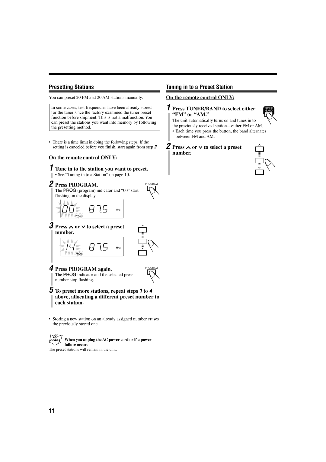 JVC FS-H10 manual Presetting Stations, Tuning in to a Preset Station, Press or to select a preset number, Press Program 