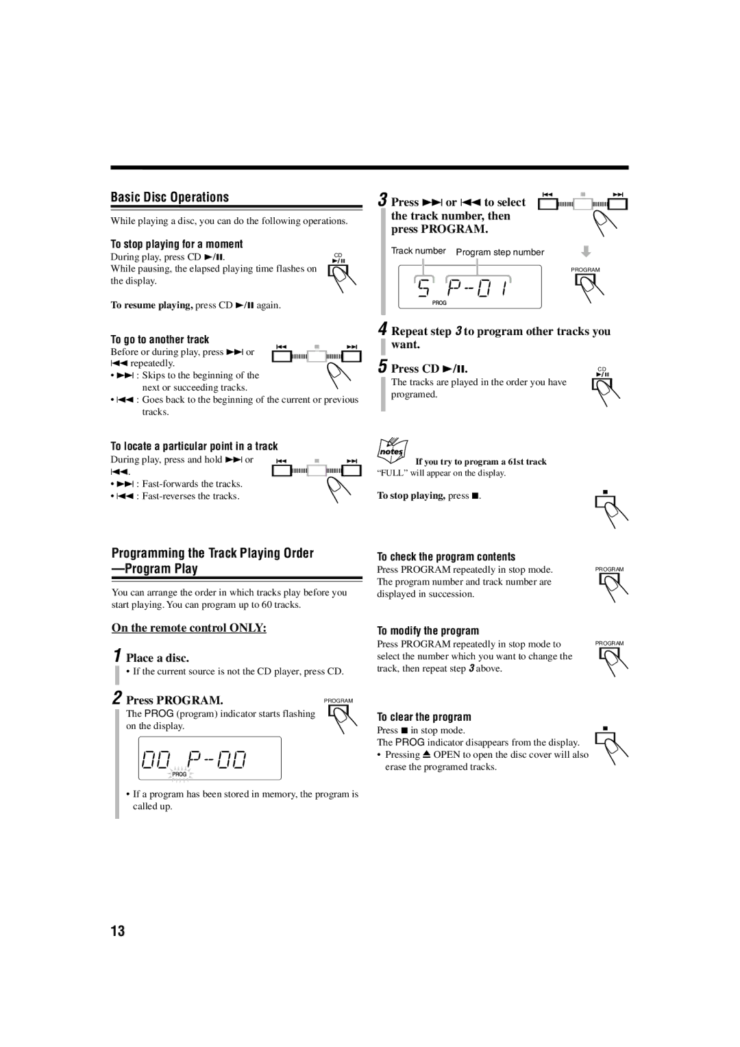 JVC FS-H10 manual Basic Disc Operations, Programming the Track Playing Order Program Play 