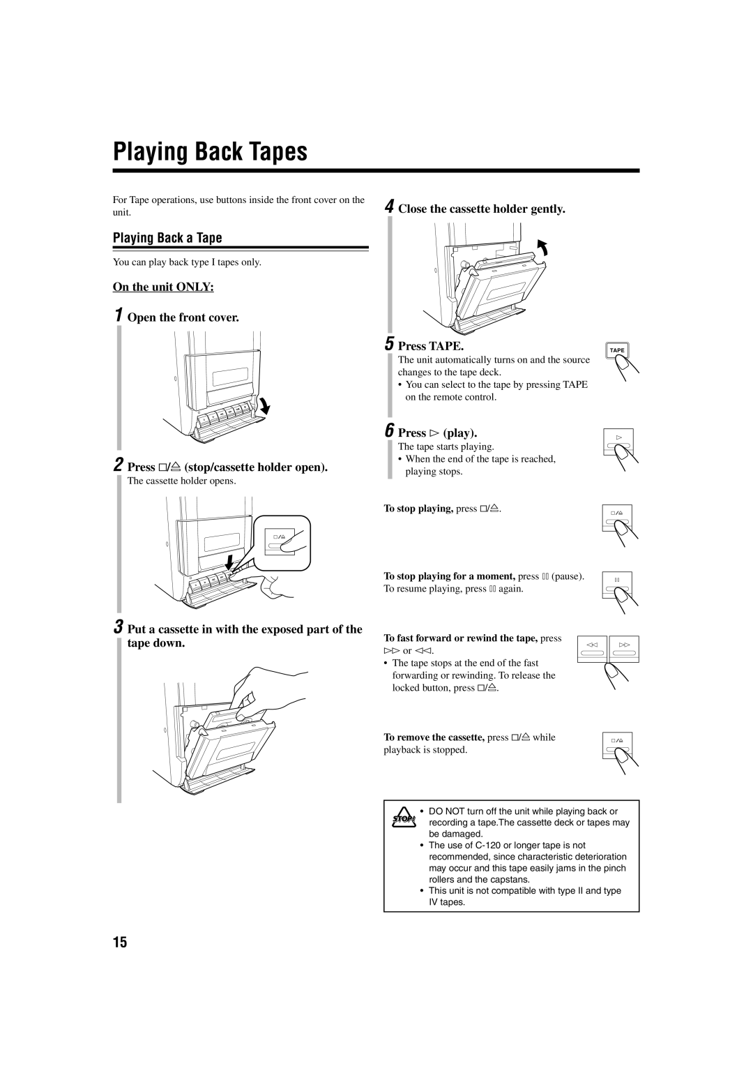 JVC FS-H10 manual Playing Back Tapes, Playing Back a Tape, Press # play, To remove the cassette, press &/ while 