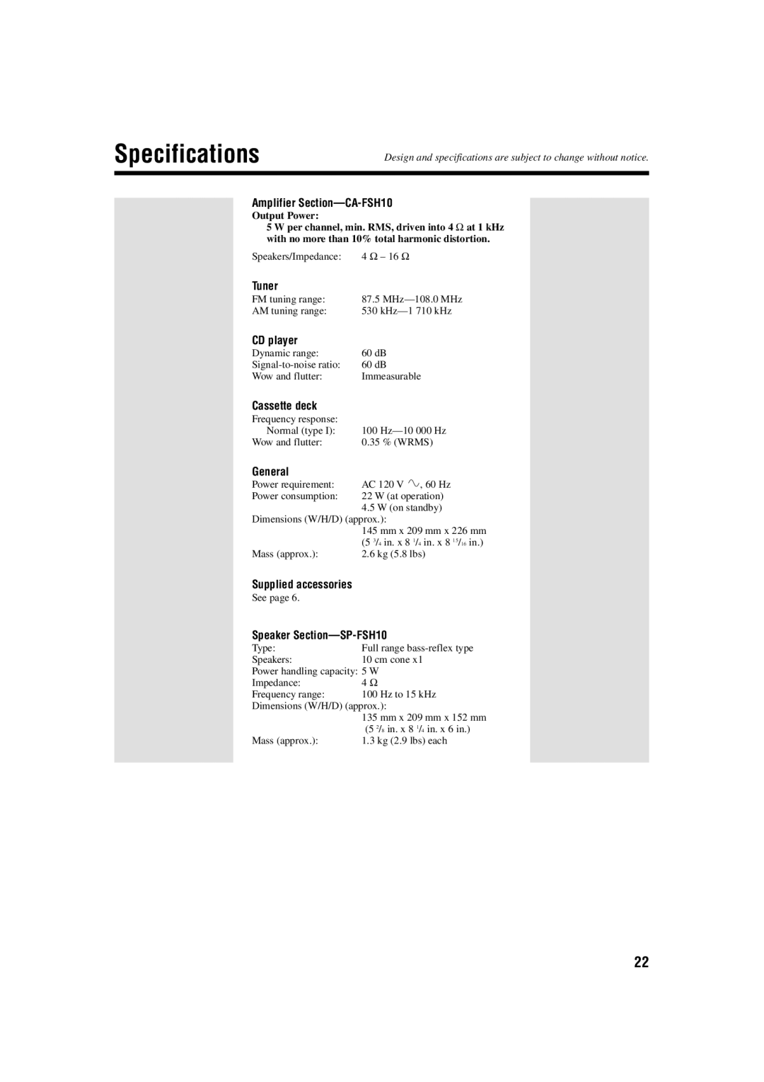 JVC FS-H10 manual Specifications 