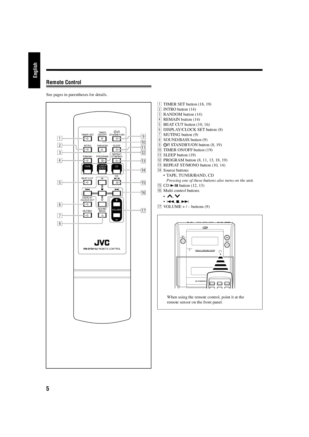 JVC FS-H10 manual Remote Control 